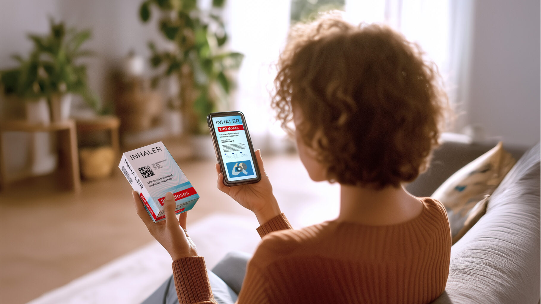 Kvinna som skannar en GS1 DataMatrix-kod på en läkemedelsförpackning med sin mobil och får upp produktinformationen direkt på skärmen.