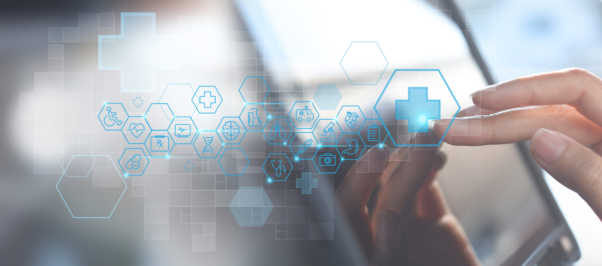 Medical technology, E-health, smart health, telemedicine, telehealth, virtual hospital concept. Patient connecting and searching via mobile app with doctor through digital tablet with medical technology icons on virtual screen - translate to swedish